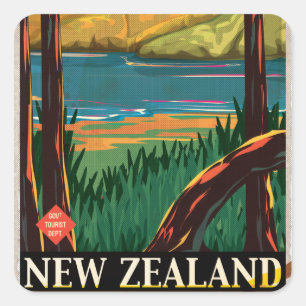 New Zealand Vintage Travel Poster Square Sticker