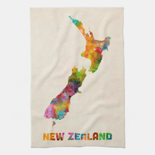 New Zealand, Watercolor Map Kitchen Towel
