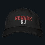 NEWARK NJ Red and White on Black Vintage Style Embroidered Hat<br><div class="desc">NEWARK NJ Red and White embroidery on Black distressed vintage style cotton hat. Embroidery is customizable to other colour choices by selecting the "Edit Design" tool button. Also available is the option to select choice of hat colour on the main item page.</div>