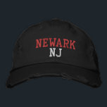 NEWARK NJ Red and White on Black Vintage Style Embroidered Hat<br><div class="desc">NEWARK NJ Red and White embroidery on Black distressed vintage style cotton hat. Embroidery is customizable to other colour choices by selecting the "Edit Design" tool button. Also available is the option to select choice of hat colour on the main item page.</div>