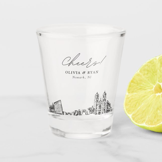 Newark Wedding Favour Personalized Cheers Shot Glass (Front)