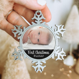 Newborn 1st Christmas Photo Black Snow Snowflake Pewter Christmas Ornament