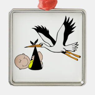 Newborn Baby and Stork Metal Ornament