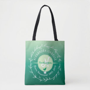 Newborn Baby Bird Monogram Ombre Green Leaf Wreath Tote Bag