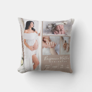 Newborn Baby Boy Beige Photo Keepsake Throw Pillow