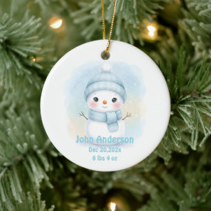 Newborn Baby Boy Birth Stats Snowman Photo Ceramic Ornament