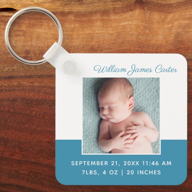 Newborn Baby Boy Blue Photo Cute Double Sided Keychain (Front)