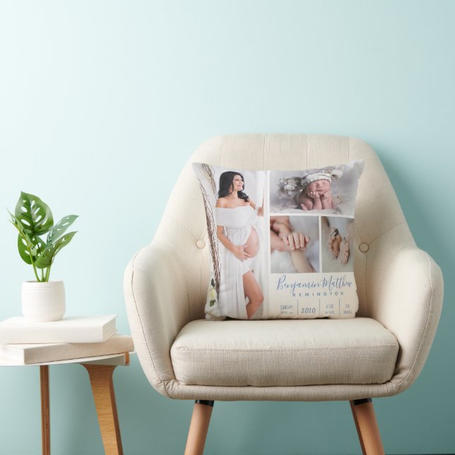 Newborn Baby Boy Blue Photo Keepsake Throw Pillow (Chair)