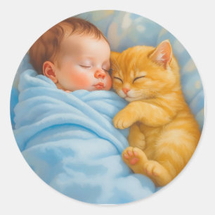 Newborn Baby Boy Napping with Kitten Classic Round Sticker
