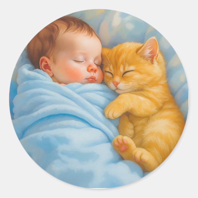 Newborn Baby Boy Napping with Kitten Classic Round Sticker (Front)