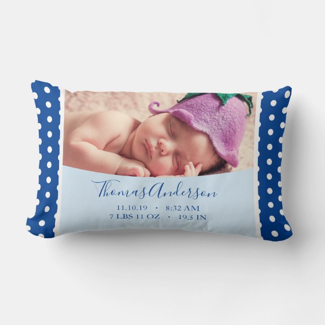 Newborn Baby Boy with Birth Stats and Photo Lumbar Pillow (Front)