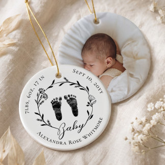 Newborn Baby Footprints Birth Stats Photo Keepsake Ceramic Ornament