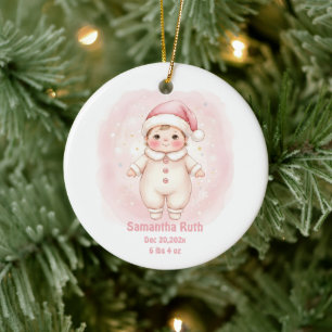 Newborn Baby Girl Birth Stats Santa Photo Ceramic Ornament