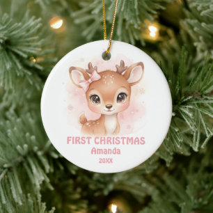 Newborn Baby Girl First Christmas Deer Photo Ceramic Ornament