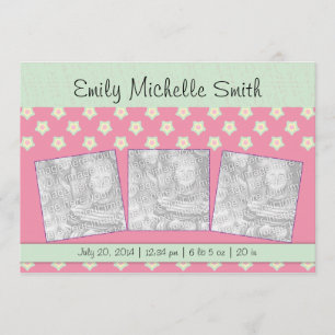 Newborn Baby Girl Green Dark Pink Stars Announceme Announcement