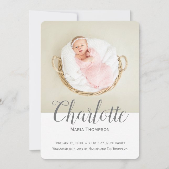 Newborn Baby Girl Photo Name Script Overlay Announcement (Front)