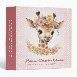 Newborn Baby Girl Stats Cute Animal Giraffe Album Binder