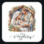 Newborn Baby Jesus Nativity  Square Sticker<br><div class="desc">These traditional Christmas stickers feature a nativity image of baby Jesus  with Mary and Joseph in the stable. Below are the words "Merry Christmas."</div>