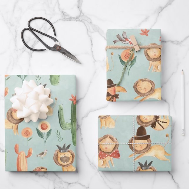 Newborn Baby Lions Discovering The World Wrapping Paper Sheet (Front)