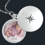 Newborn Baby Name and Photo Locket Necklace<br><div class="desc">A special photo locket for the new mom after the birth of her baby or as a keepsake gift for the newborn. The template is set up for you to add your own photo - if you have any problems with placement, try cropping your picture to a square before uploading....</div>