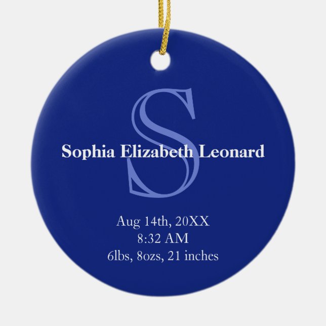 Newborn baby statistic monogram keepsake navy blue ceramic ornament (Front)