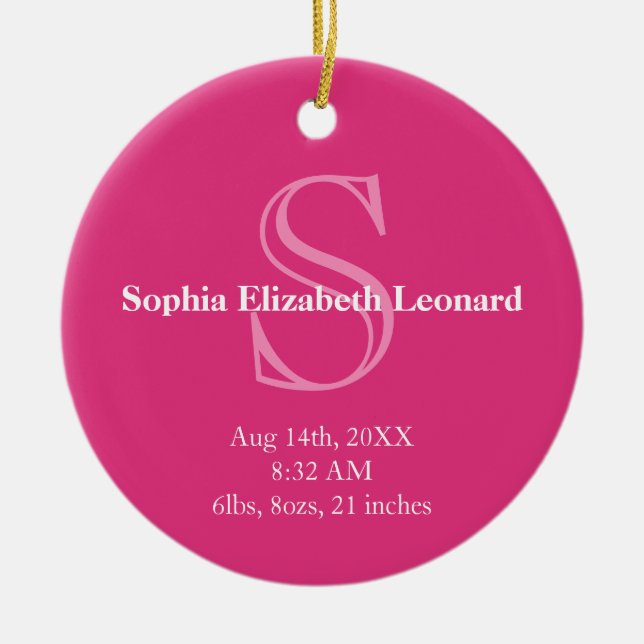 Newborn baby statistic monogram keepsake pink ceramic ornament (Front)