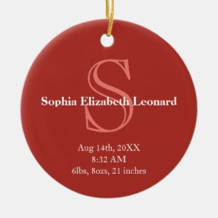 Newborn baby statistic monogram keepsake red ceramic ornament