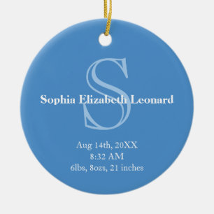 Newborn baby statistic monogram keepsake sky blue ceramic ornament