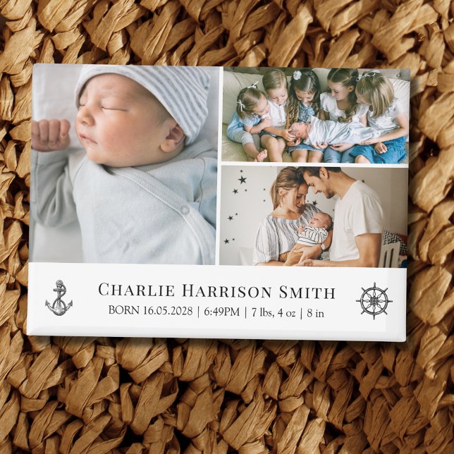Newborn Baby Stats and Photo Magnet (Rectangle magnet, personalized with newborn baby name, statistics and three photos.)
