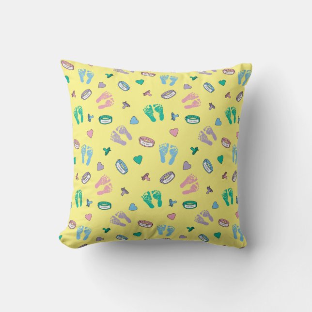 Newborn Footprints Binkies and ID pattern Throw Pillow (Front)