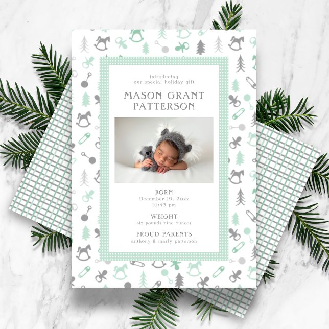 Newborn Holiday Photo Mint Grey Card (Creator Uploaded)