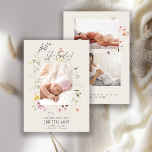 Newborn Ivory Wildflower Photo Collage Girl Birth Announcement