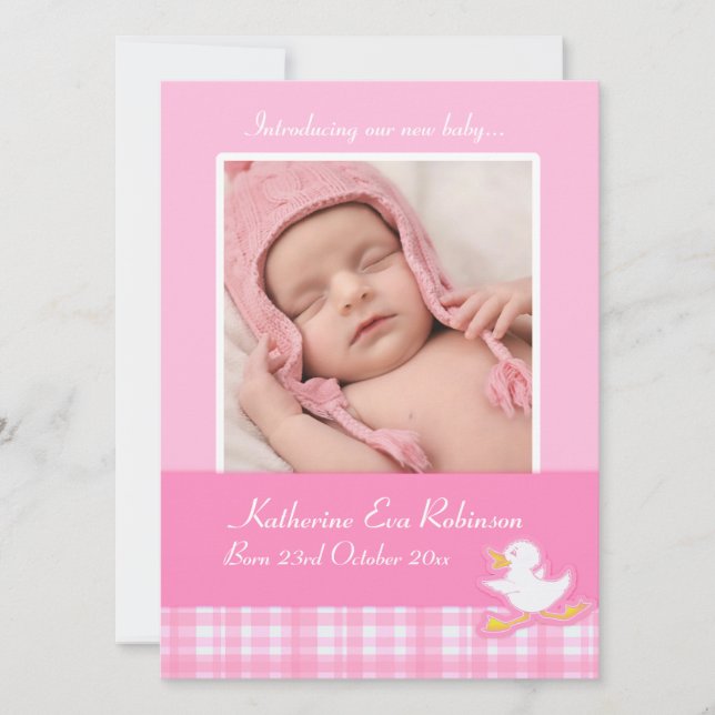 Newborn photo announcement card - pink check (Front)