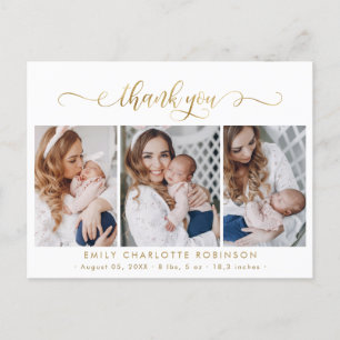 Newborn Photo Collage Modern Gold Script Thank You Postcard