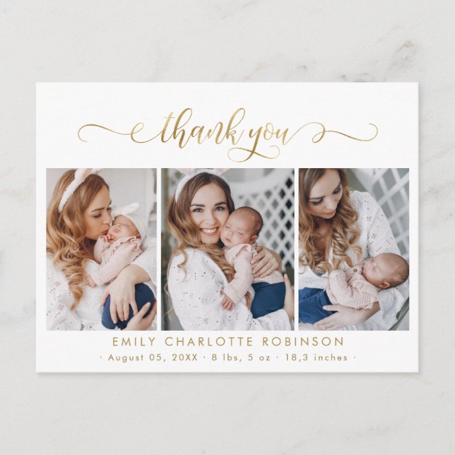 Newborn Photo Collage Modern Gold Script Thank You Postcard (Front)
