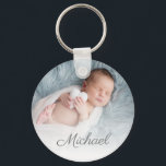 newborn photo personalized  keychain<br><div class="desc">elegant personalized text  with a photo of a newborn baby.</div>