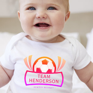 "Newest Recruit" Custom family name soccer Baby Bodysuit