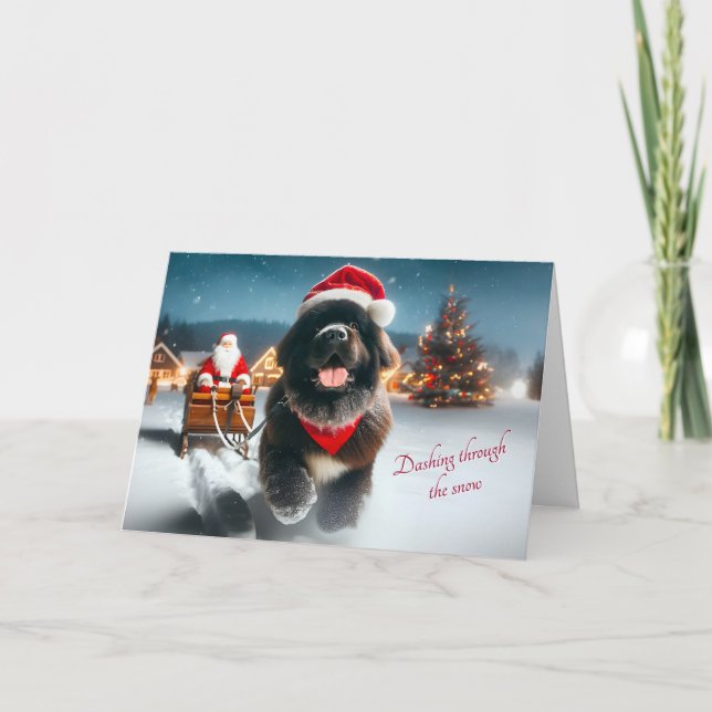 Newfie Dashing Through the Snow Christmas Card (Front)