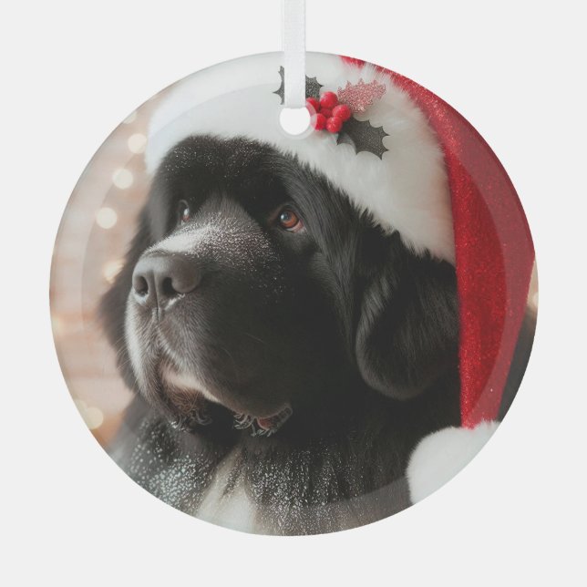 Newfie Pup Wearing a Santa Hat  Glass Ornament (Front)