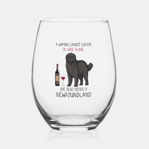 Newfoundland and wine Funny dog  Stemless Wine Glass