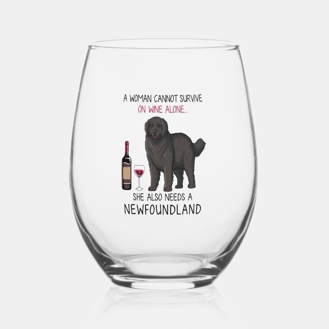 Newfoundland and wine Funny dog  Stemless Wine Glass (Front)