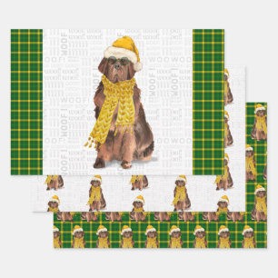 Newfoundland Christmas Dog Green Plaid Holiday Wrapping Paper Sheet