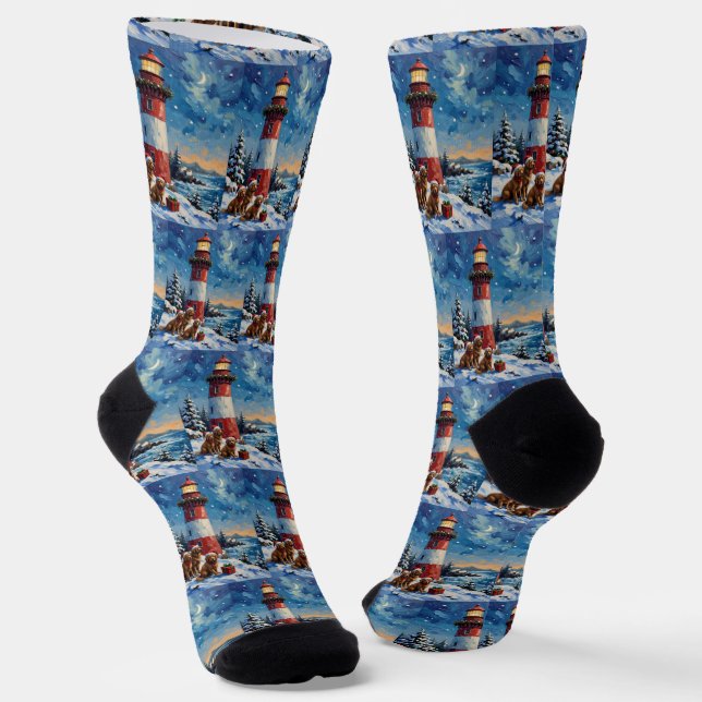 Newfoundland Christmas Lighthouse Holiday Socks (Angled)