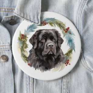 Newfoundland Christmas Wreath Festive Pup 6 Inch Round Button