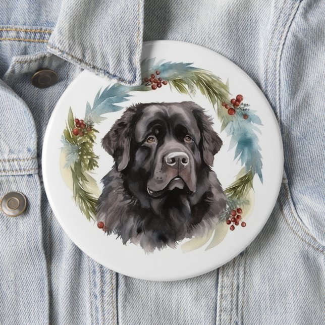 Newfoundland Christmas Wreath Festive Pup  6 Inch Round Button (In Situ)