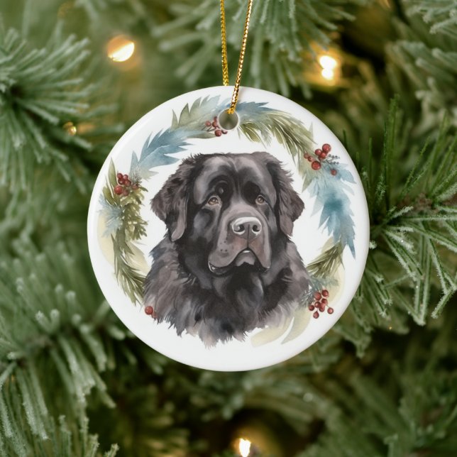 Newfoundland Christmas Wreath Festive Pup  Ceramic Ornament (Tree)