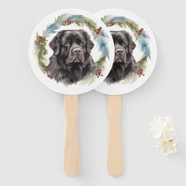 Newfoundland Christmas Wreath Festive Pup  Hand Fan (Front and Back)