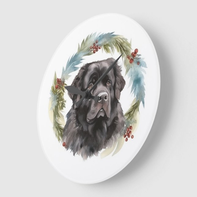 Newfoundland Christmas Wreath Festive Pup  Large Clock (Angle)