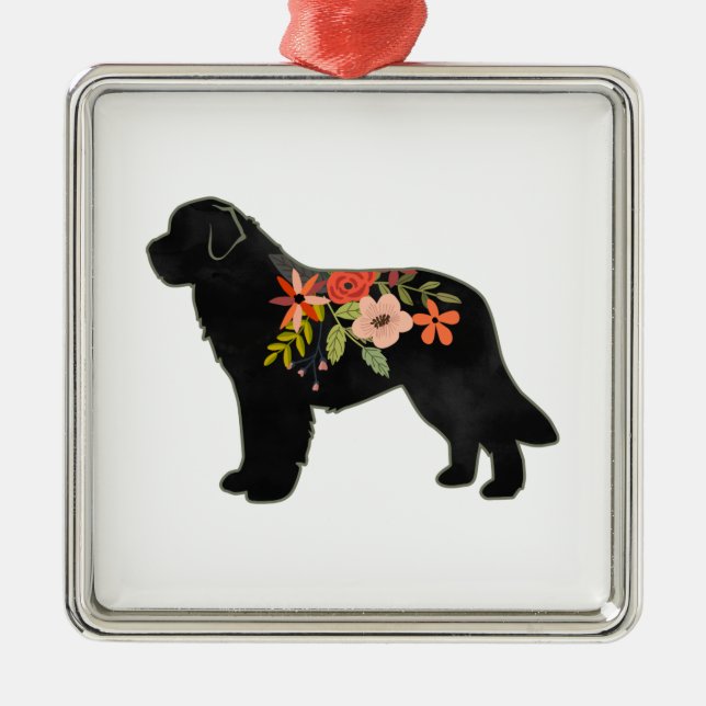 Newfoundland Dog Breed Boho Floral Silhouette Metal Ornament (Front)