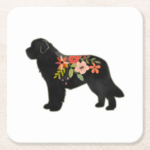 Newfoundland Dog Breed Boho Floral Silhouette Square Paper Coaster